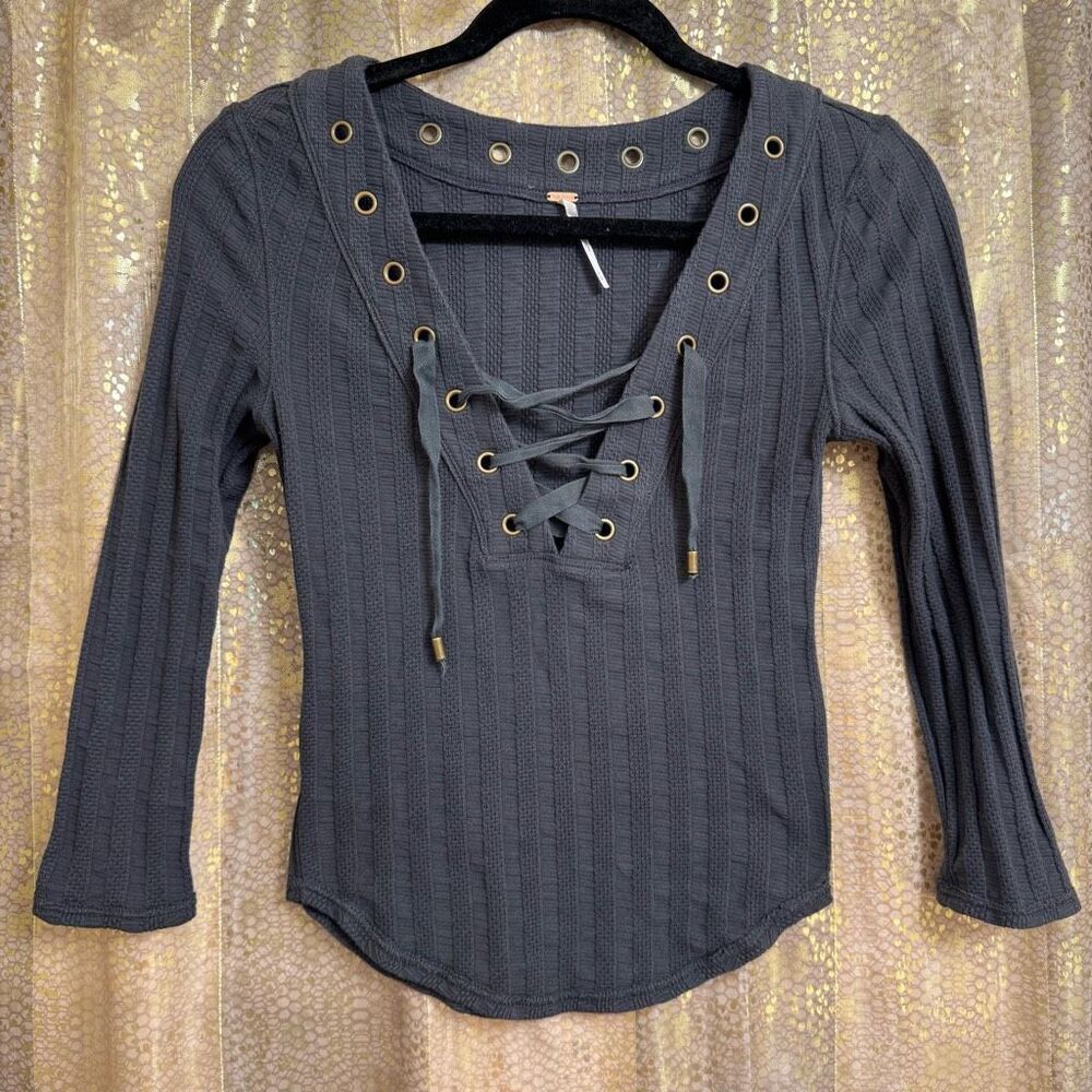 Free People Ice Cold Lace Up Grommets Blue Gray Ribbed Quarter Sleeve Top XS